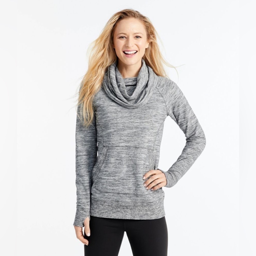 L.L.Bean Cowl Neck Cozy Pullover Marled Grey Kangaroo Pocket Thumbholes Size S